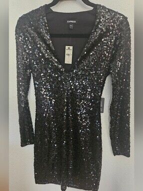 NWT Express Black Sequin Long-Sleeve V-Neck Mini Dress